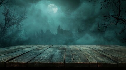 Spooky halloween background with empty wooden table and dark rustic atmosphere, perfect for displaying seasonal decorations, festive treats, or eerie holiday designs.



