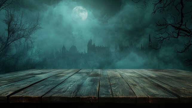 Spooky halloween background with empty wooden table and dark rustic atmosphere, perfect for displaying seasonal decorations, festive treats, or eerie holiday designs.


