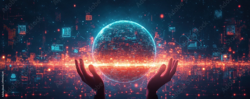 Poster futuristic digital earth surrounded by data visualizations and technology