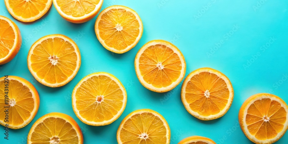 Poster Vibrant citrus fruit slices arranged on a bright blue background, creating a refreshing and appetizing visual display