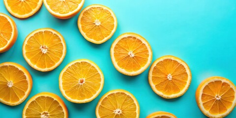Obraz premium Vibrant citrus fruit slices arranged on a bright blue background, creating a refreshing and appetizing visual display