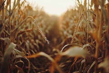 Fototapeta premium Panoramic view of a stunning crop field bathed in the golden light of a summer sunset