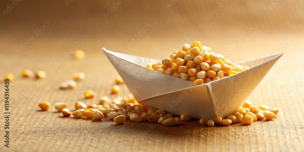 Poster a small paper boat overflowing with kernels of golden corn sits on a wood surface