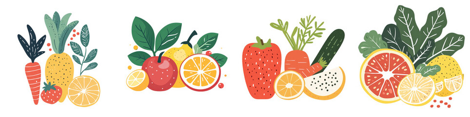 Flat style illustration of fruit and vegetable, isolated on a white background. Mix Collection Png.