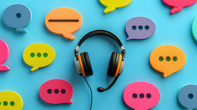 Customer service concept with a headset icon surrounded by speech bubbles