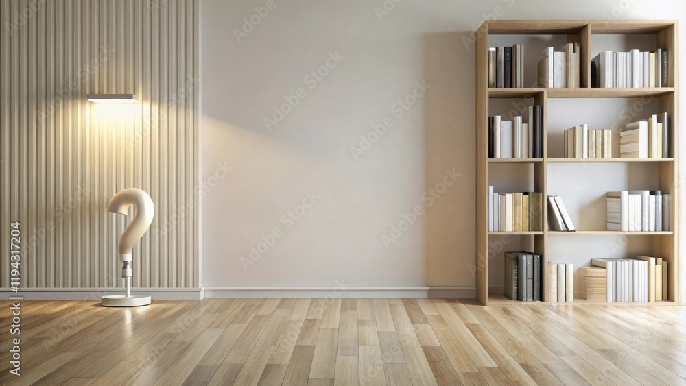 Poster modern minimalist interior design featuring a question mark lamp and a wooden bookcase filled with b
