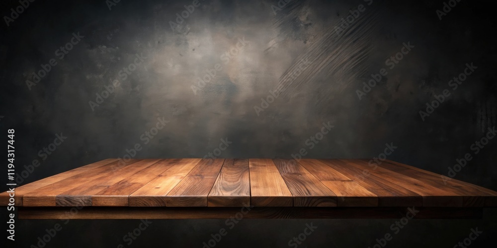 Poster empty wooden table against a textured dark background, perfect for product display or design present