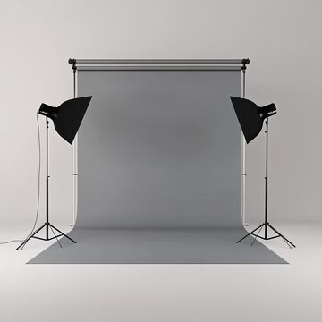 Minimalistisches Fotostudio mit grauer Hohlkehle und Studiobeleuchtung &ndash; Ideal f&uuml;r Produkt- oder Modeaufnahmen