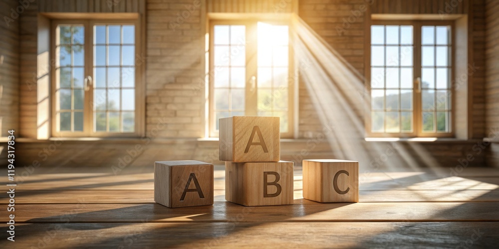 Poster wooden blocks spelling abc on a sunlit wooden surface in a room with large windows