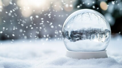 Snow globe in snowy landscape with softly falling snowflakes