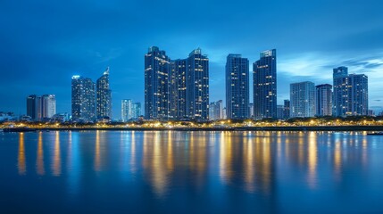Fototapeta premium City skyline twilight reflection, waterfront buildings