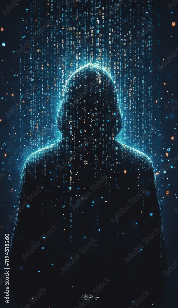 Poster mysterious hooded figure with digital code in background