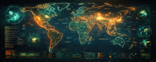 Interactive digital world map with glowing futuristic elements