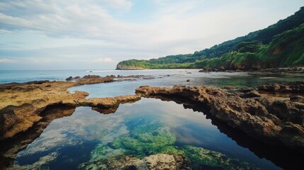 Obraz premium Coastal rock formation with reflective tide pools and a lush green forest in the background under a serene cloudy sky