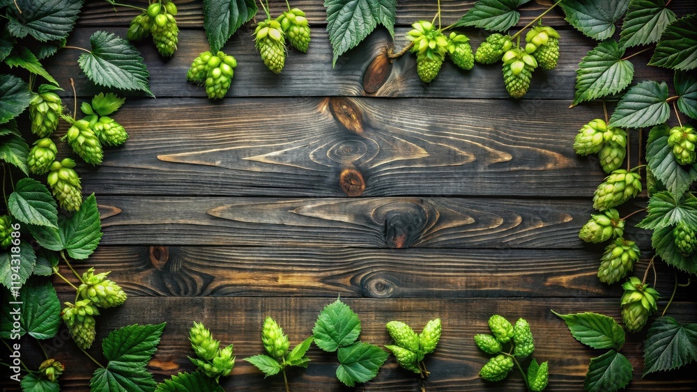 Poster lush green hops arranged on dark wooden surface creates a natural frame for your text or design