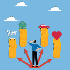 Heavy with the cost of living, overloaded with family finances, the businessman looked quizzically at the high mountain of gold coins for the house, the shopping cart, the car and the heart-shaped