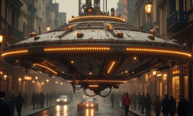 Futuristic alien spacecraft above a city street