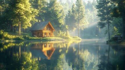 Fototapeta premium A charming log cabin by a tranquil lake, surrounded by vibrant greenery, the clear water reflecting the cabin and forest perfectly, soft sunlight filtering through the trees,