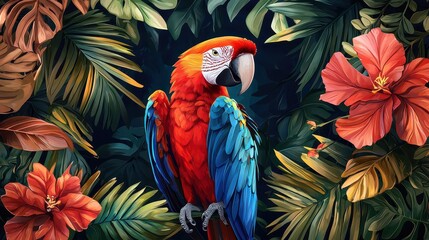 Fototapeta premium Vibrant scarlet macaw amidst tropical foliage and blossoms in lush jungle environment