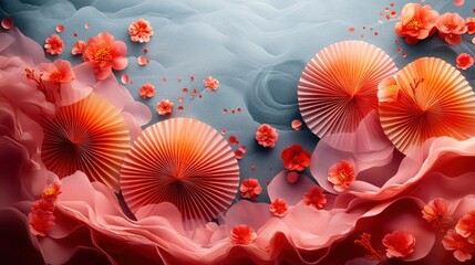 Colorful Modern Festivities featuring Chinese New Year decorations with colorful paper fans and streamers in shades of pink and orange on a muted gray background .