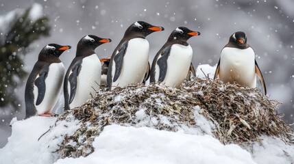 Fototapeta premium A group of penguins standing on a snowy nest in a winter landscape.