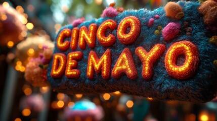 CINCO DE MAYO words, in fine fluffy plush texture, super lovely, cute style, bright colors. 3D rendering effect 