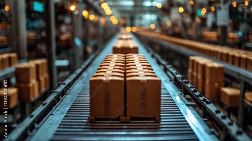 Poster a close-up of packages moving on a conveyor belt in a modern warehouse setting with soft lighting cr
