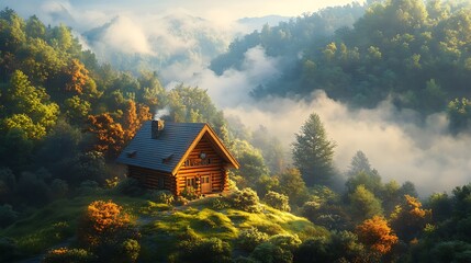 A charming log cabin perched on a hilltop, encircled by vibrant forest greenery, overlooking a peaceful valley covered in mist, warm light creating a dreamy and tranquil setting, cinematic depth,