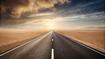 Asphalt road vanishing into a hazy desert landscape under a dramatic sunset sky