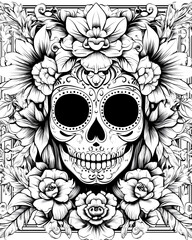 A black and white drawing of a skull with flowers surrounding it
