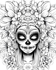 A woman with a flowery headdress and a skull on her face