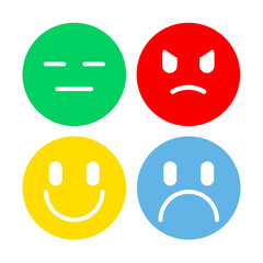 Emotions Psychology Icon Vector, Flat Design Illustrations Featuring Happy, Sad, Angry, and Neutral Faces for Mental Health, Therapy, Counseling, and Wellness Concepts.