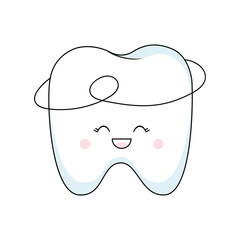 A kawaii tooth with dental floss. The concept of oral hygiene, brushing teeth. Cute children's illustration