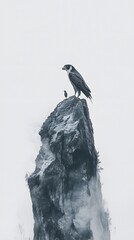 75. A falcon eating a small bird, perched high with a white background behind it