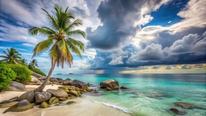 Serene Tropical Beachscape Palm Tree, Rocks, and Dramatic Cloudscape Over Turquoise Waters