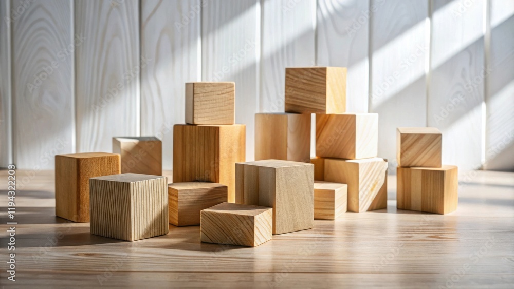 Aufkleber wooden blocks arranged in a sunlit composition on a table