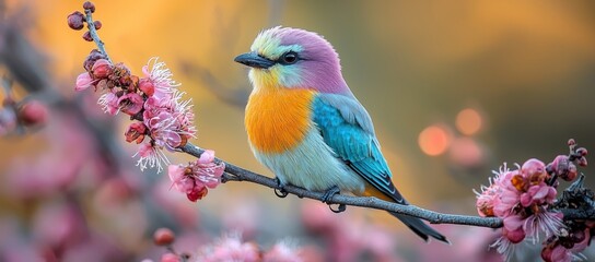 Colorful bird perched on blooming branch, sunset background, nature scene, spring wallpaper