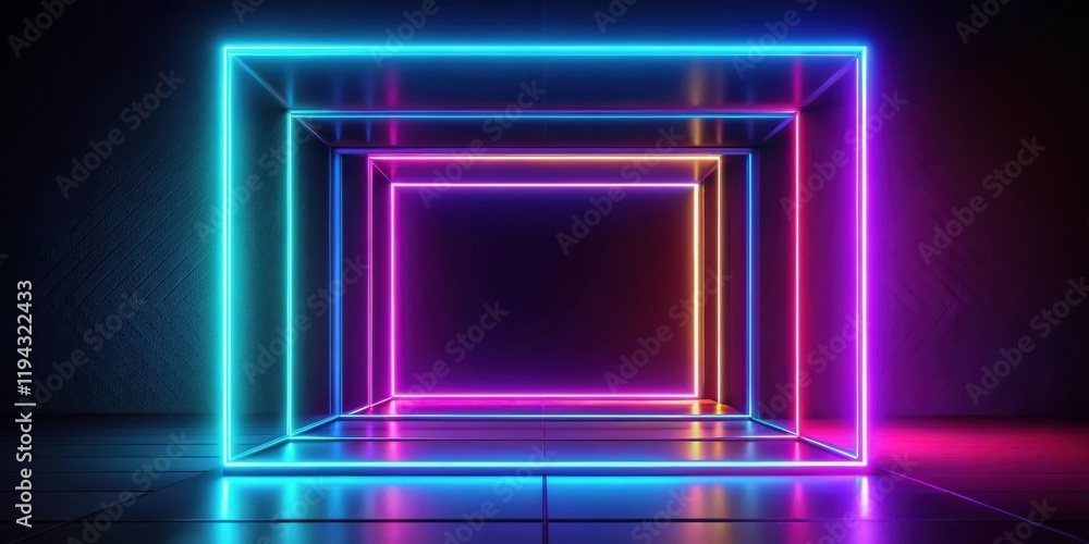 Aufkleber abstract neon light installation with glowing frames and reflective floor