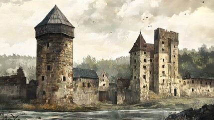 Fototapeta premium Ruined Castle Beside a Still River in the Woods