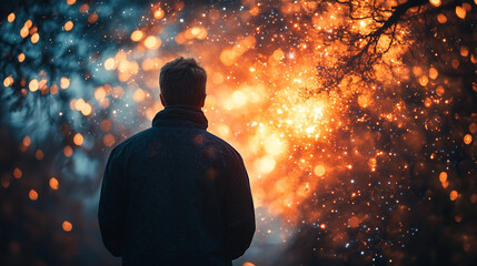 Surreal encounter with sparkling lights in a tranquil forest at twilight