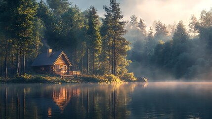 Fototapeta premium A cozy log cabin beside a tranquil lake, surrounded by dense forest, the glassy water mirroring the cabin and tall trees, soft morning mist enhancing the magical ambiance, ultra-detailed textures,