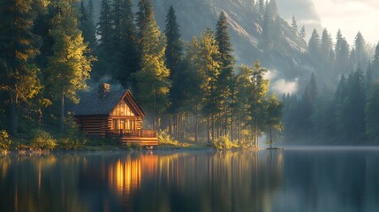 A cozy lakeside log cabin surrounded by tall pine trees, the tranquil water perfectly mirroring the scene, soft evening light creating a serene and enchanting atmosphere, ultra-detailed,
