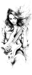A woman is playing a guitar. The guitar is a white electric guitar. The woman is sitting on a bed