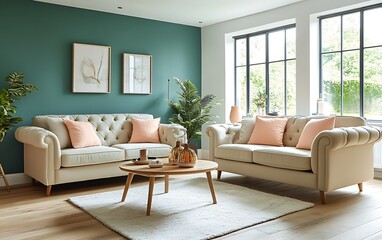 Fototapeta premium Elegant living room, cream sofas, green wall, natural light, modern decor, home staging