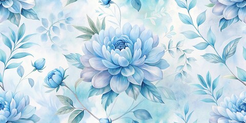 Fototapeta premium Serene Watercolor Floral Design Featuring Delicate Blue Flowers and Lush Foliage, Ideal for Textile Prints and Home Decor Applications
