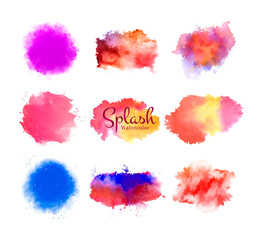 Set of watercolor splash brushes circles multicolored on white background. It is drawn by hand.