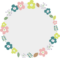 北欧風のお花のフレームH06　お花と葉っぱの円形フレーム