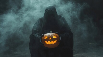 Grim reaper holding carved halloween pumpkin with smoke effect, scary jack-o'-lantern and haunting black cloak on dark background, spooky banner with copy space for halloween themes


