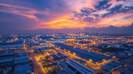 Fototapeta premium Sunset Over Industrial Complex: Aerial View of Factories and Cityscape at Dusk
