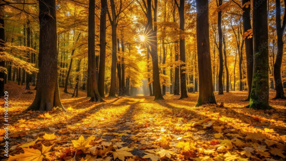 Poster golden autumn sunlight illuminates a path through a canopy of trees